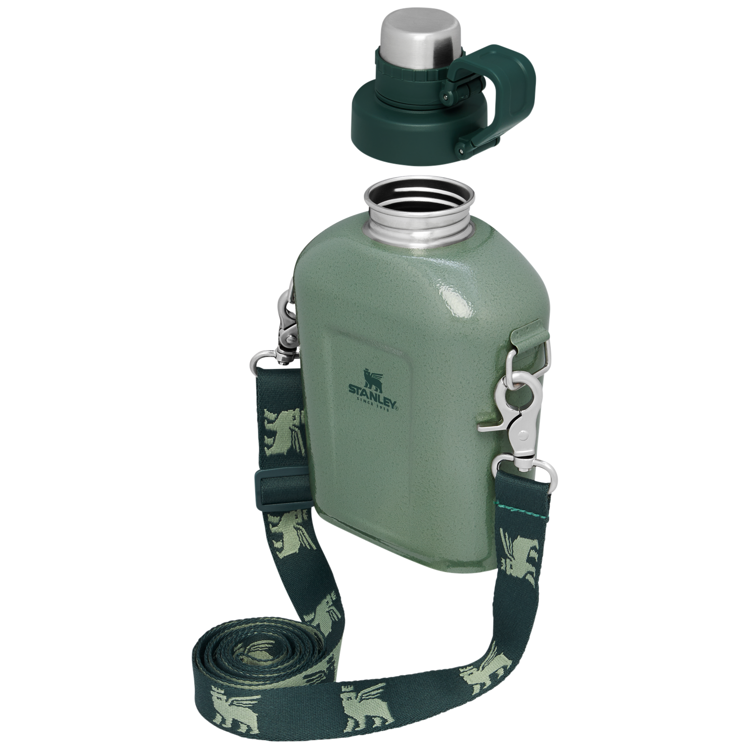 B2B_Web_PNG-The-Legendary-Classic-Canteen-1-1QT-Hammertone-Green-Hero-Exploded.png